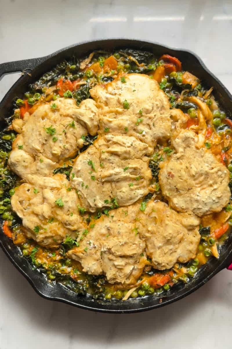 gluten free chicken pot pie in a skillet