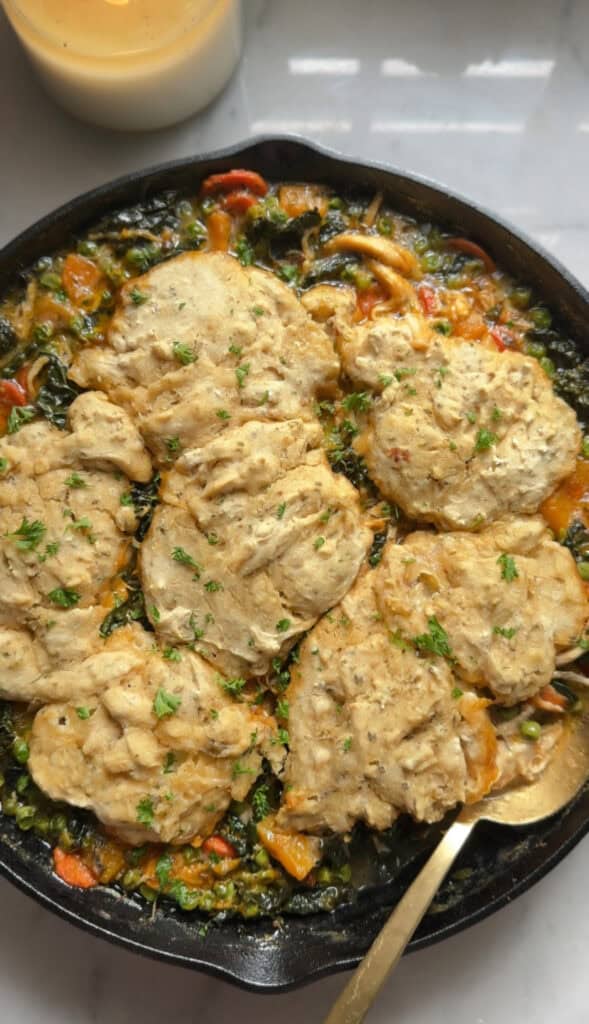 gluten free chicken pot pie in a skillet