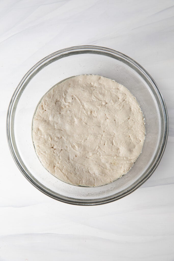 The sourdough pizza dough is proofed and ready to be shaped.