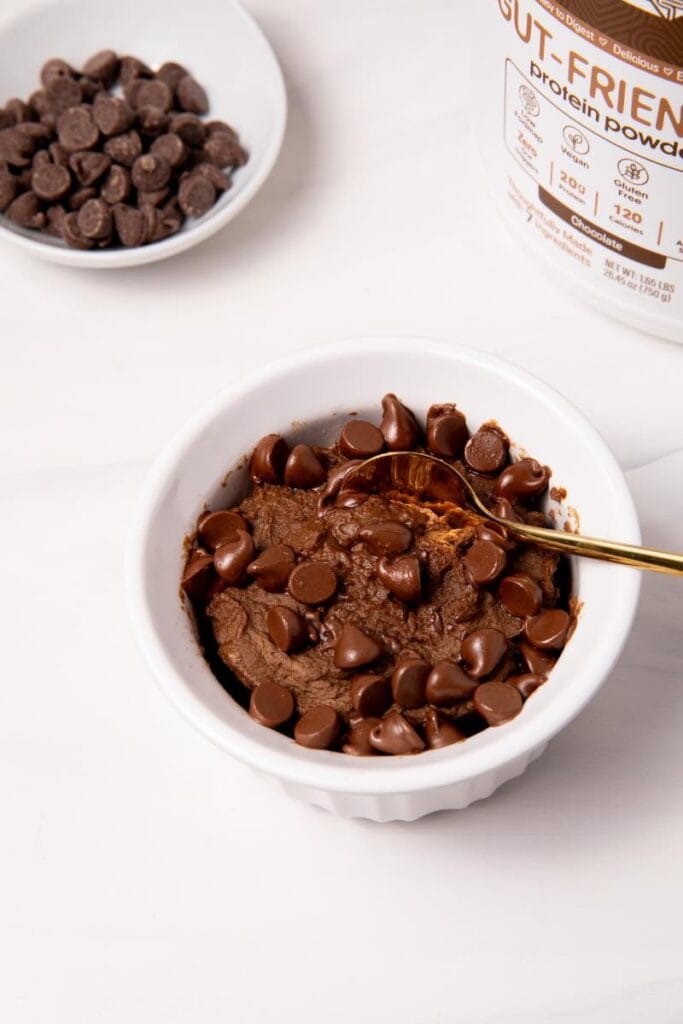 3 ingredient chocolate protein mug cake recipe with chocolate chips