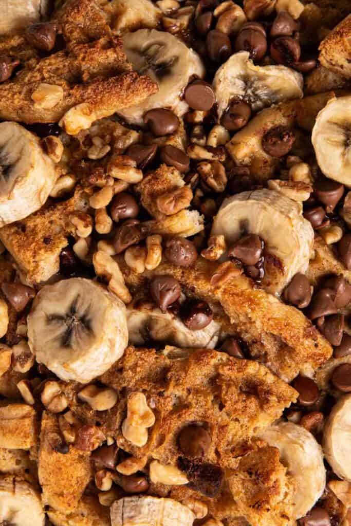close up of chunky monkey waffle casserole