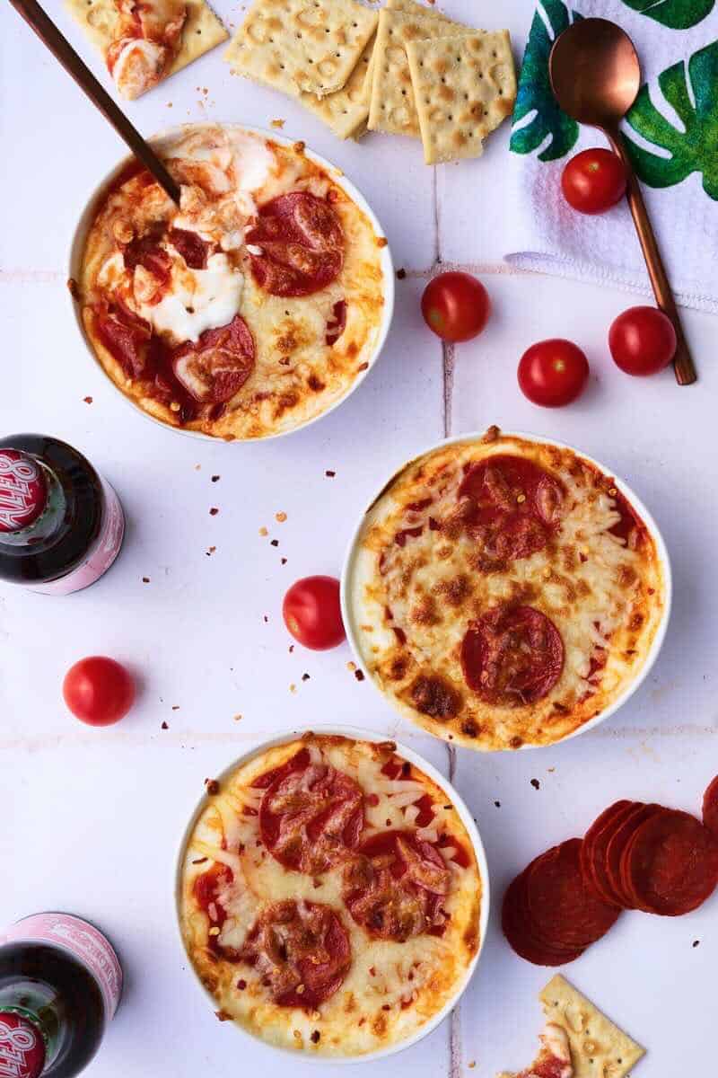 cottage cheese pizza bowls on a counter