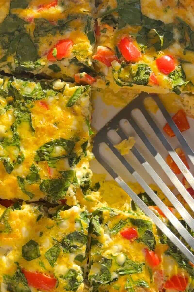 cottage cheese egg casserole sliced with a spatula