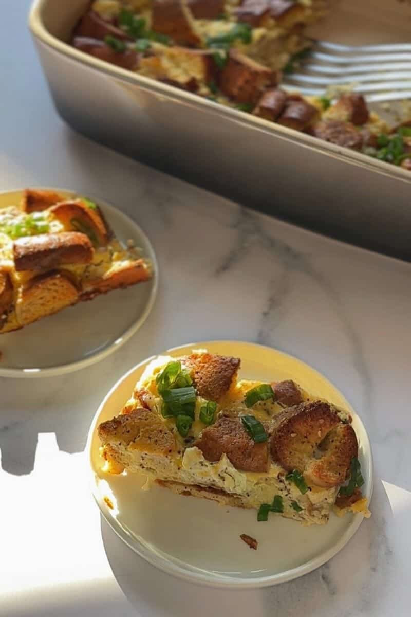 everything bagel casserole on plates