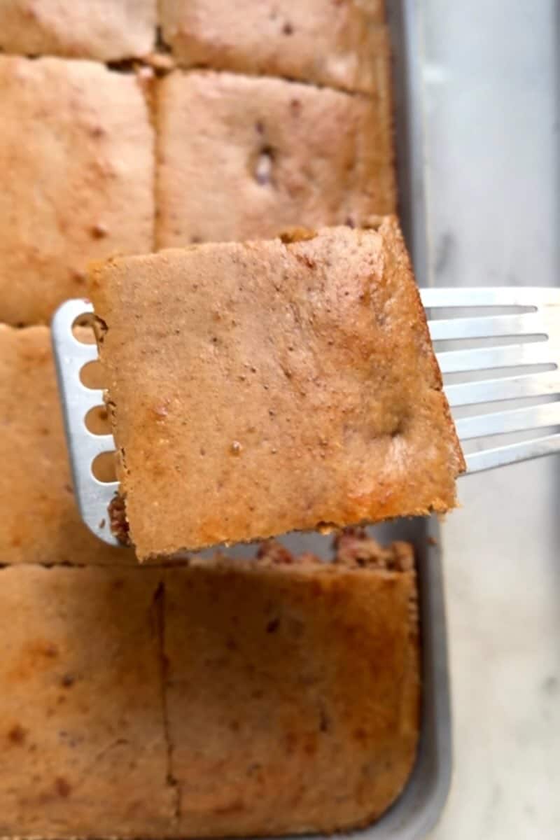 slice of sheet pan pancakes from box mix