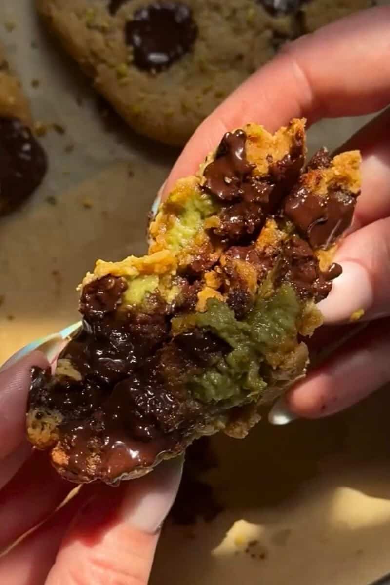 chocolate chip pistachio protein cookie gooey center