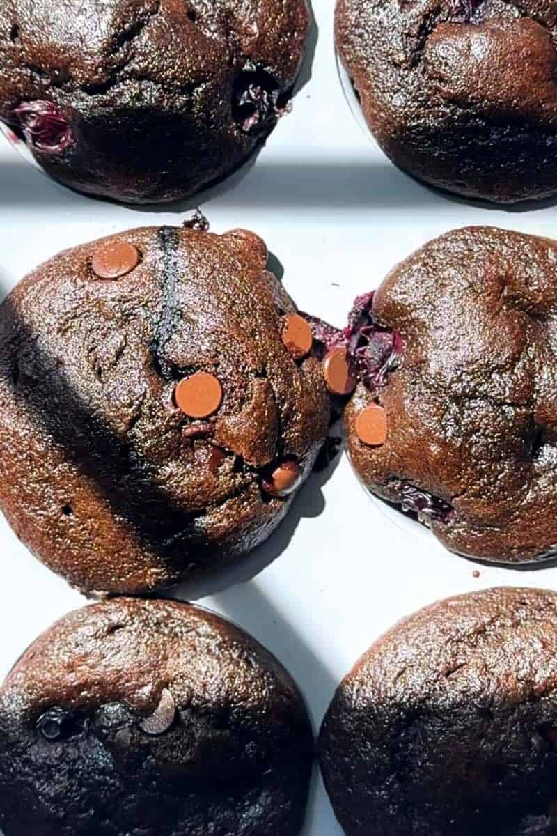 chocolate protein muffins in a muffin tin