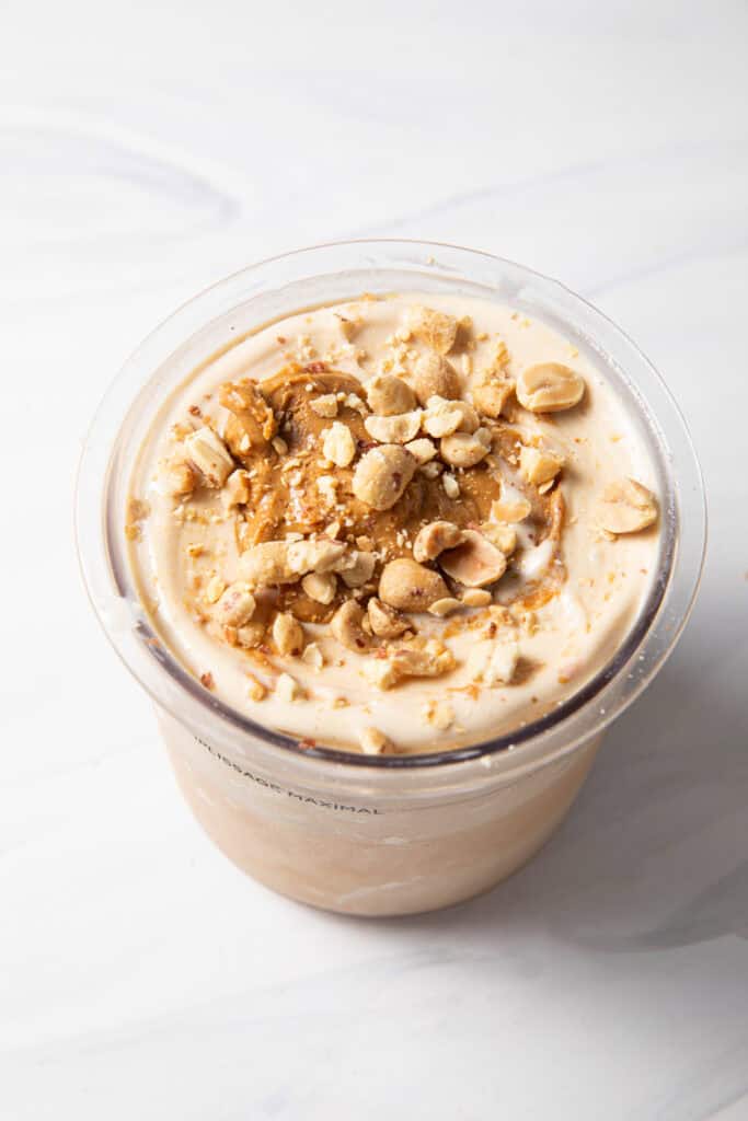 Close up finished peanut butter Ninja Creami with pb fit protein powder.