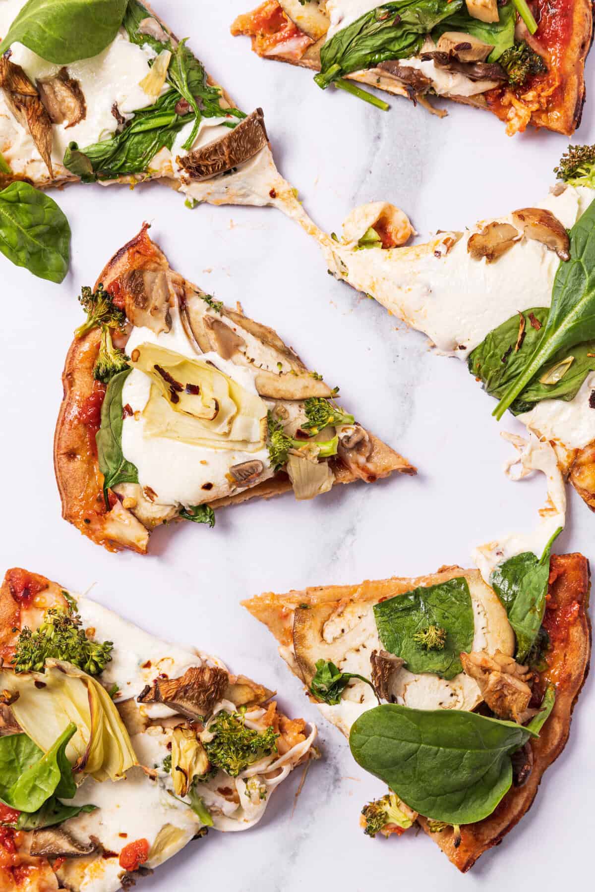 Slices of the roasted veggie pizza.