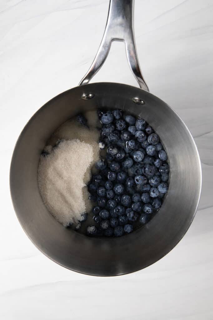 blueberries, sugar, and water in a saucepan for the Fresh Blueberry Simple Syrup.