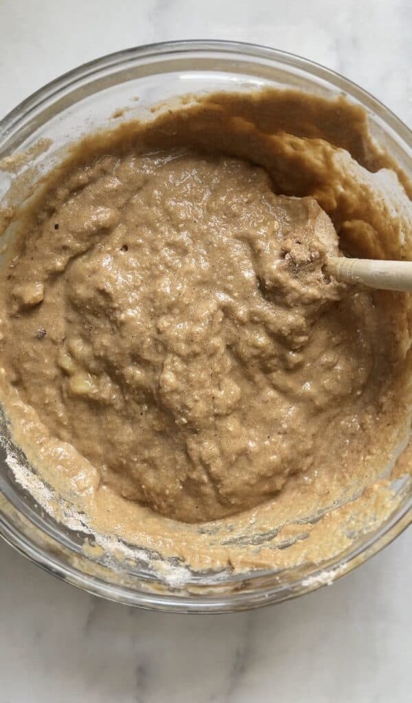 Mixed the dry ingredients and the wet ingredients together for the Gluten Free Protein Banana Nut Bread batter.