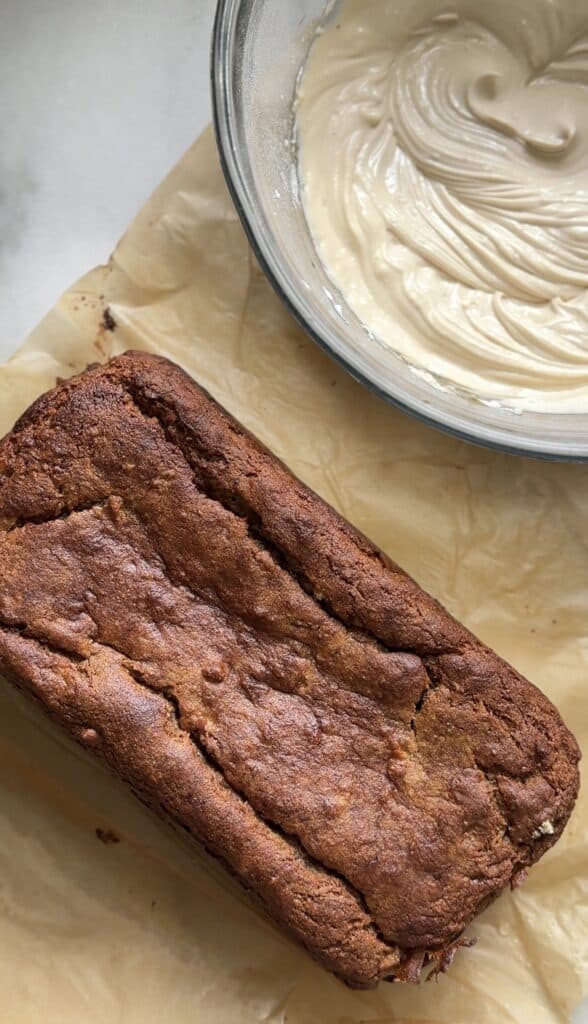 Cooling the banana bread before frosting the Gluten Free Protein Banana Nut Bread with the cream cheese frosting.