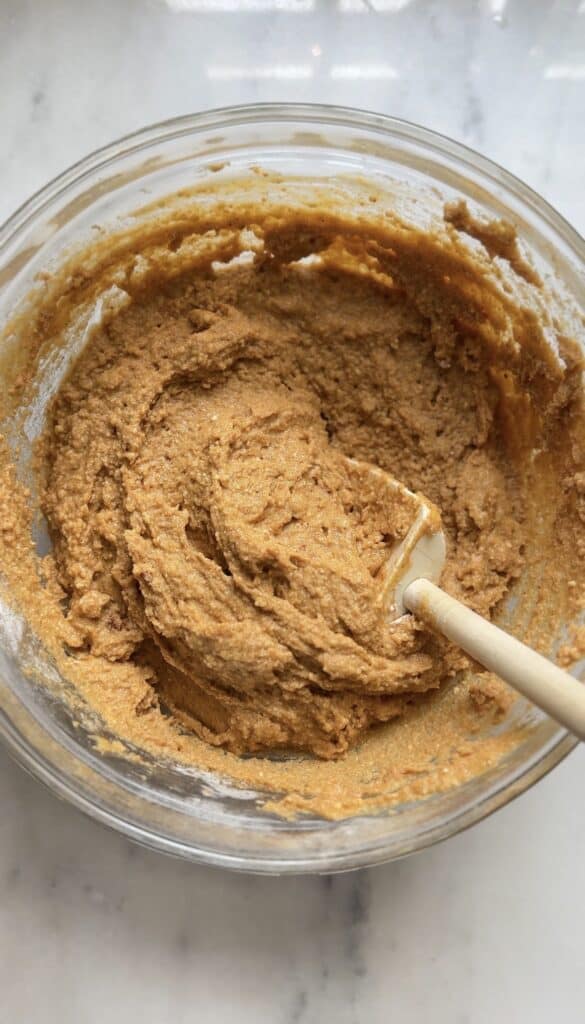 Fold in the dry and wet ingredients for the Gluten Free Protein Pumpkin Bread in a bowl with a rubber spatula.