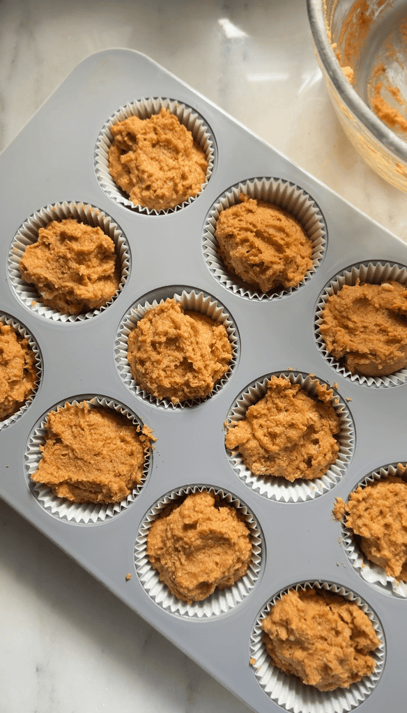 Fill the liners with the pumpkin cottage cheese muffins batter into the muffin liners until completely full.