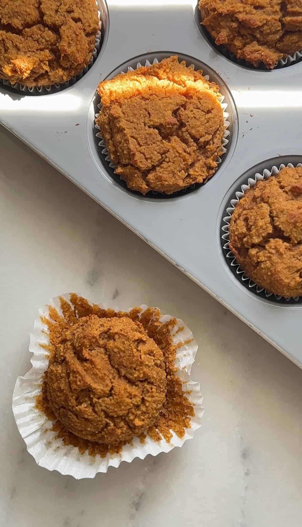 Pumpkin Cottage Cheese Muffins in a liner without the frosting.