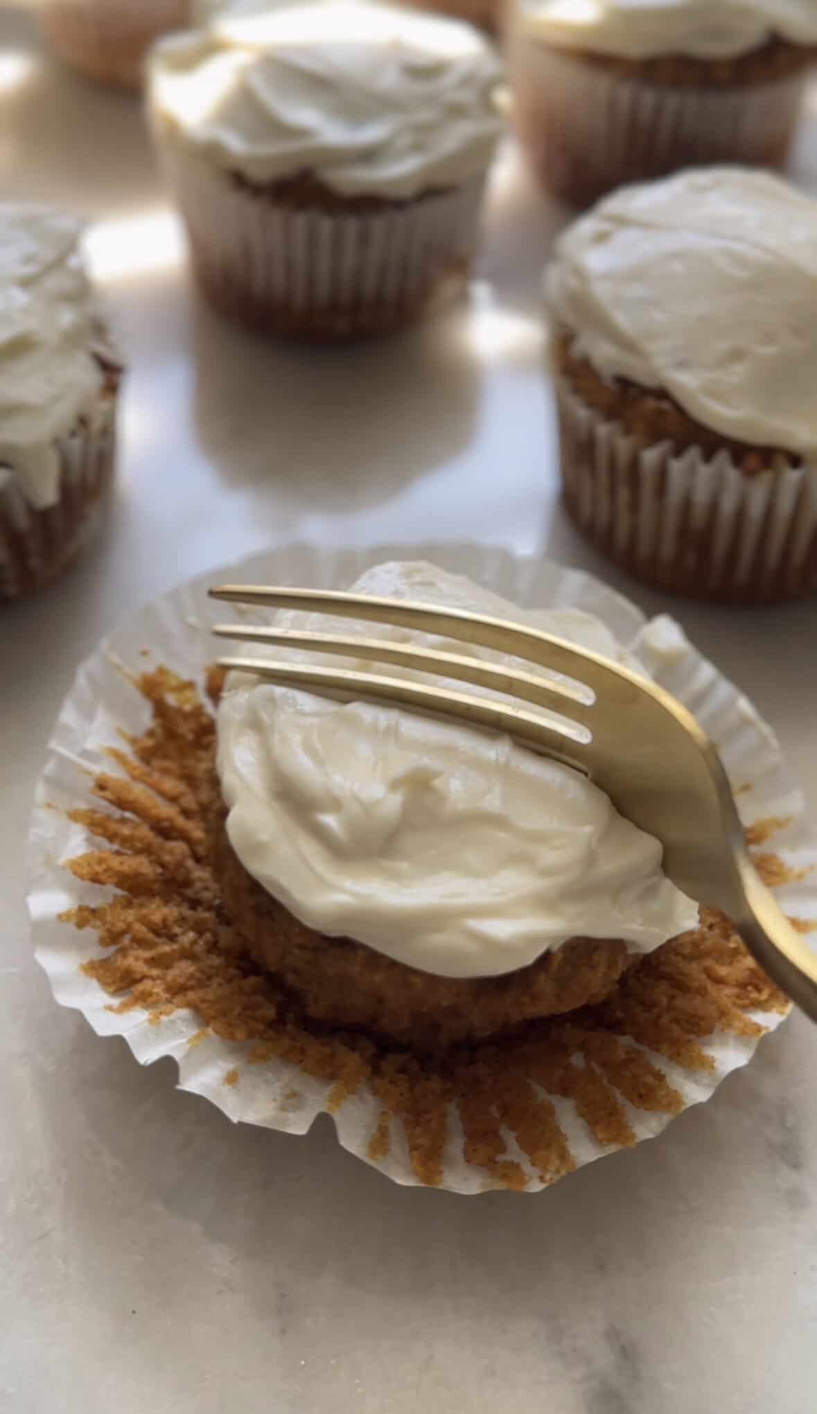 Enjoy the pumpkin cottage cheese muffins with the cream cheese frosting with a fork.