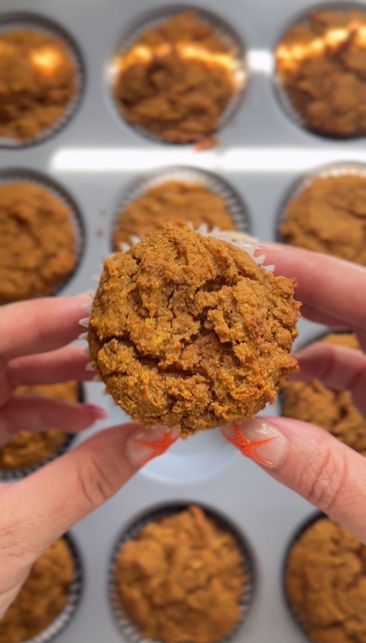 Baked pumpkin cottage cheese muffin in the muffin liner removed from the muffin tin.