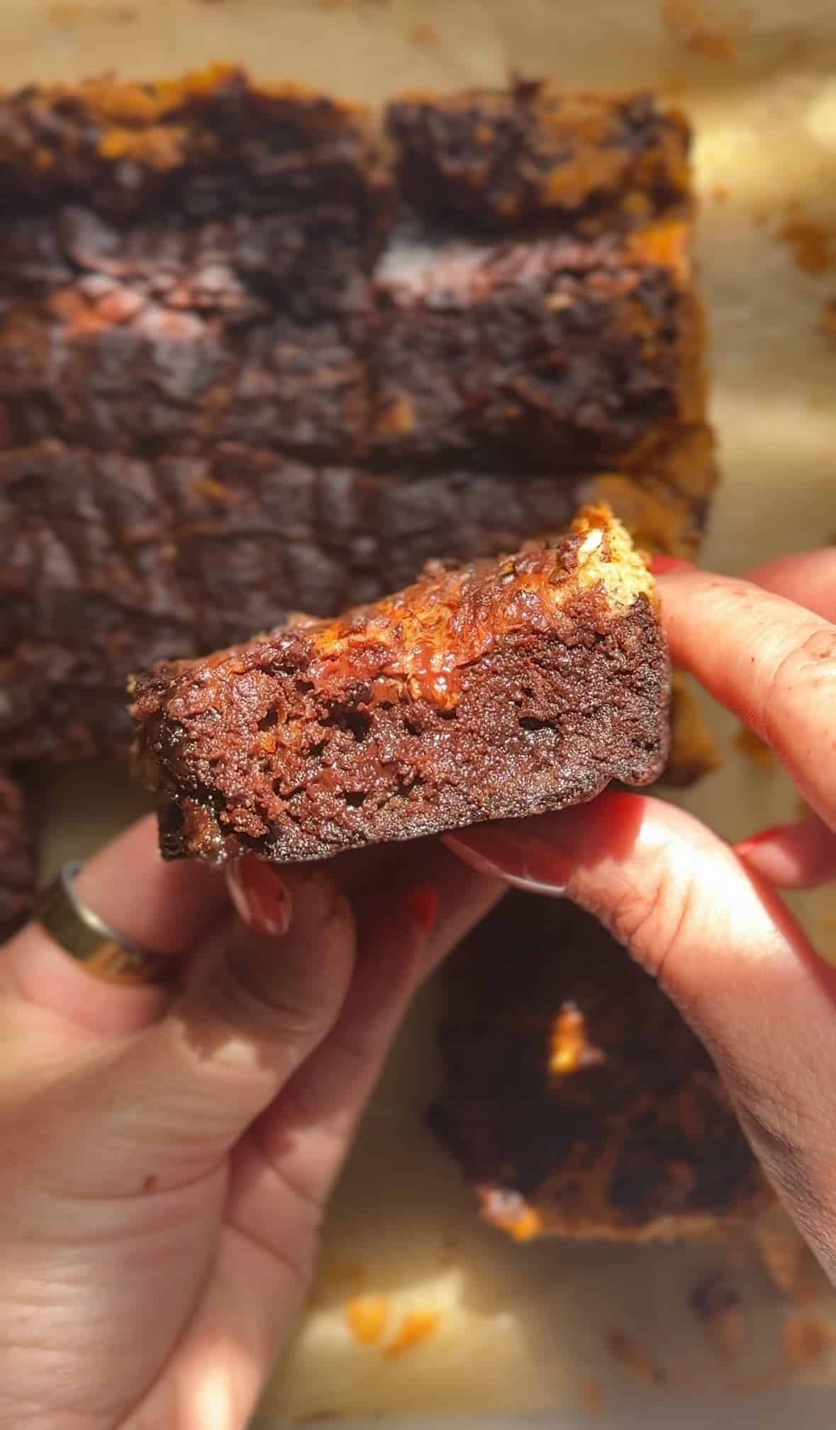 Side view of the Pumpkin Brownie square showing fudgy texture.