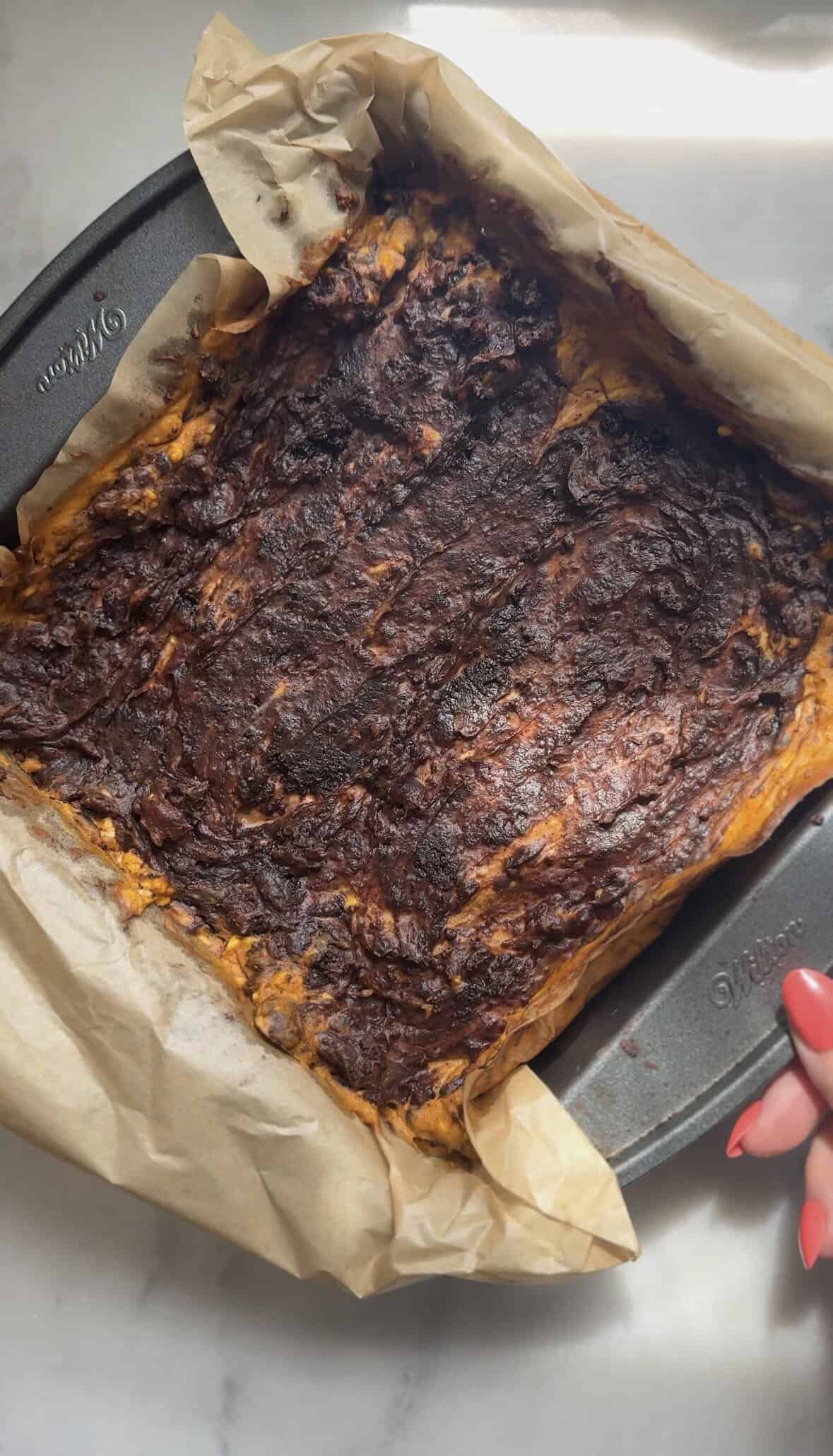 Baked Pumpkin Brownies in the 8x8" cake pan.