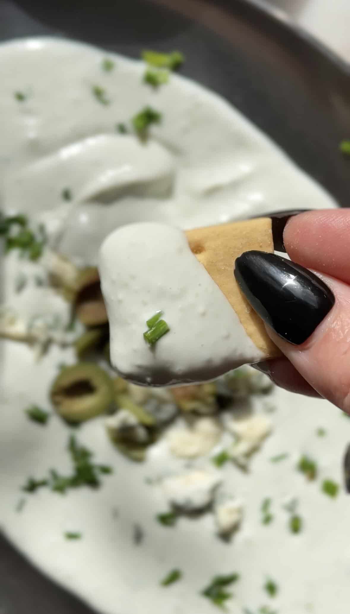 Close up of a cracker with the Protein Dirty Martini Dip.
